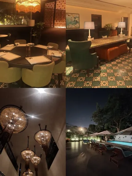 A collage of the stunning interiors and poolside ambiance at The Connaught, an IHCL SeleQtion hotel in Delhi. It showcases the property's unique design, from the lobby to the lighting.