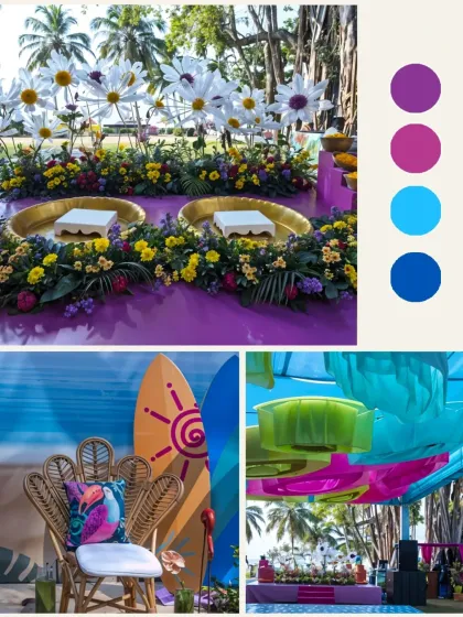 A fun and quirky Haldi mood board with surfboards, giant daisies, and a bold purple and blue color scheme. This is for the couple that wants to do something completely different.