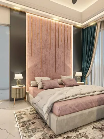 This angle shows the bedroom's connection to the ensuite bathroom and the ample natural light from the large window. The sheer and heavy curtains provide options for both light control and privacy.