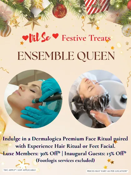 The "Ensemble Queen" festive treat. This package pairs a Dermalogica Premium Face Ritual with a relaxing hair ritual or feet facial for a complete pampering session.
