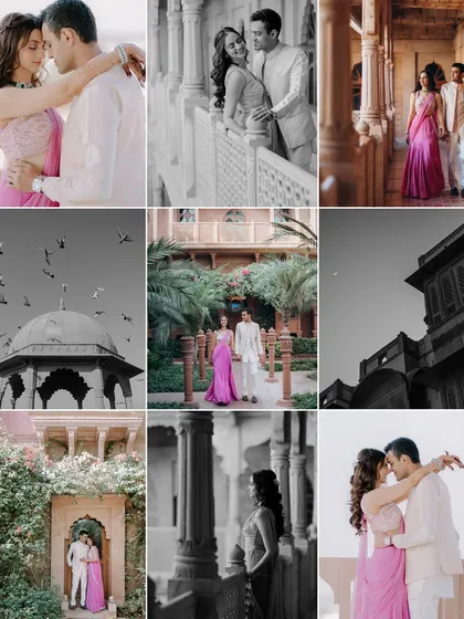 A mood board of moments from Kanav and Saloni's shoot, showcasing a mix of color and black and white images, architectural details, and intimate couple portraits.