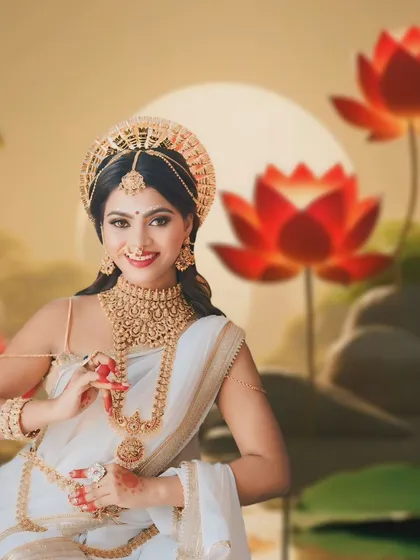 Another pose from the Devi Parvathi series, showcasing the full necklace set against a serene backdrop. This is perfect for conceptual photoshoots.