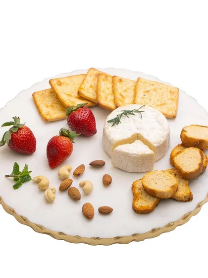 A clean, product-on-white shot of a cheese platter on an Ecstasy serving plate. This type of image is essential for e-commerce listings, showing the product with no distractions.