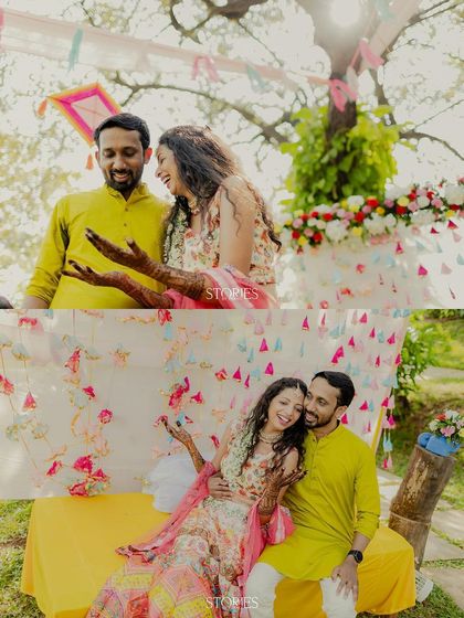 A collage showing the laughter and joy of a Mehendi ceremony. The couple shares a lighthearted moment, with the bride showing off her beautiful henna, all set against a colorful, festive backdrop.