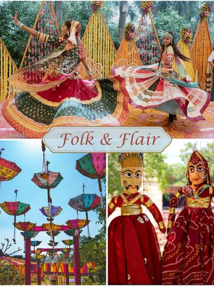 **Haldi Theme: Folk & Flair.** A vibrant, Rajasthani-inspired theme featuring colorful puppets, embroidered umbrellas, and folk dancers for a culturally rich and festive Haldi.