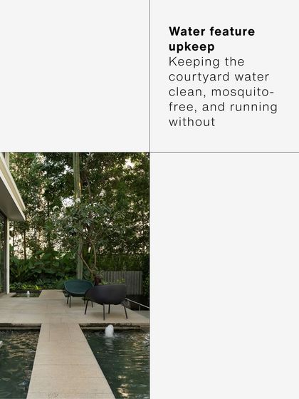 A courtyard water feature with fountains, designed for easy upkeep. The challenge was to keep the water clean and mosquito-free, resulting in a beautiful and functional design that enhances the home's atmosphere.