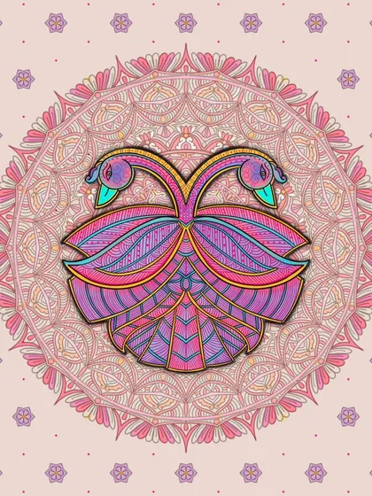 This piece is my interpretation of a Madhubani peacock motif, designed with intricate lines and a modern color scheme. The symmetrical design creates a sense of balance and harmony, set against a delicate mandala.