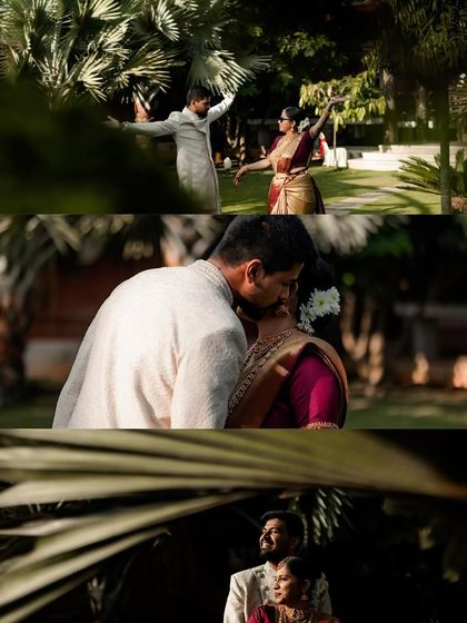 A collage of cinematic moments from a couple's outdoor shoot, featuring dancing, embraces, and artistic framing through foliage.