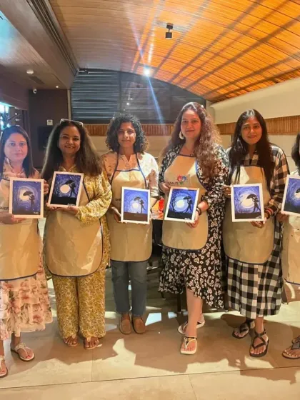 This is what pure joy looks like. I hosted a lovely monsoon-themed art party for this creative girl gang. We can organize a similar personalized paint party for your friends at a cozy cafe, your home, or my studio.