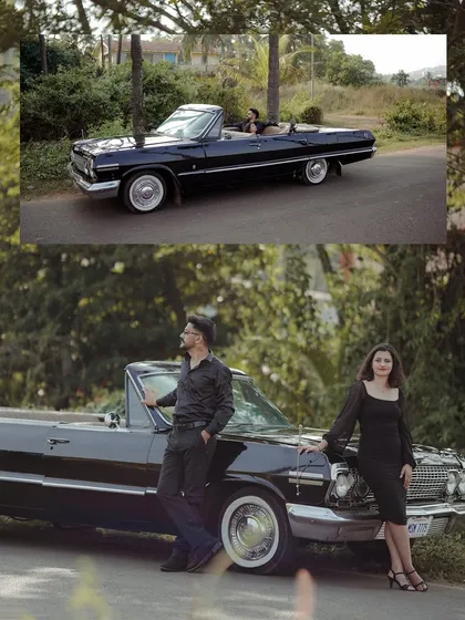 A couple poses with a classic black convertible on a tree-lined road in Goa, creating a stylish, film-inspired pre-wedding portrait. I love collaborating on creative ideas to make your shoot uniquely yours.