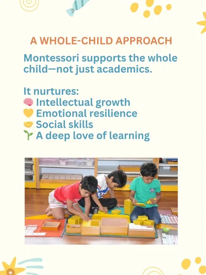 The Montessori method is about nurturing the whole child, not just their academic skills. This image illustrates our focus on intellectual growth, emotional resilience, social skills, and fostering a deep, lifelong love of learning.