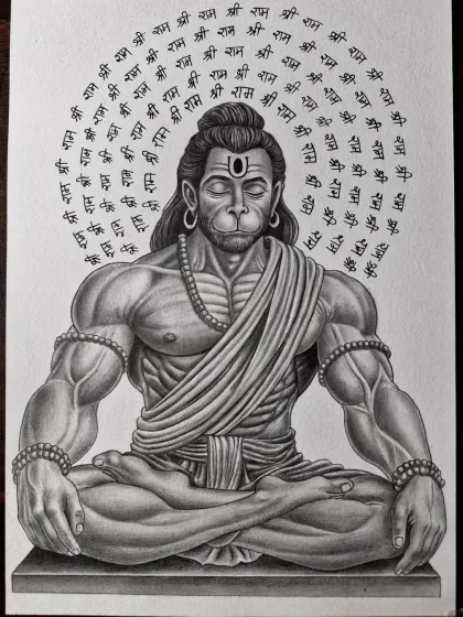 A portrait of Hanuman ji in deep meditation, with "Shri Ram" written in a circular pattern. This is a highly detailed and spiritual piece.
