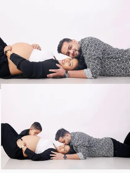 A collage of a family maternity shoot, showing the parents and older brother lovingly interacting with the baby bump.