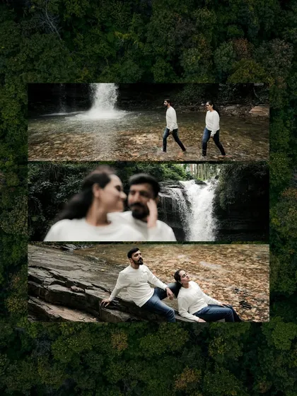 A collage that gives a sense of the entire location, framed by the surrounding forest. It shows the couple walking, talking, and relaxing, telling the full story of their adventure.
