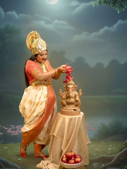 A serene, moonlit portrait where the mother-to-be makes an offering to Lord Ganesha by a calm river, blending spiritual devotion with the tranquility of nature.