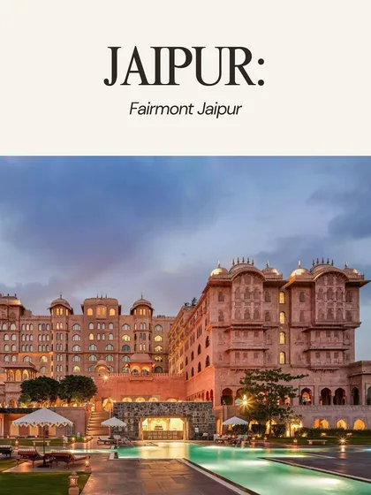 The Fairmont Jaipur, a palatial hotel that blends Mughal and Rajput architecture, offering a regal setting for a destination wedding in the Pink City.