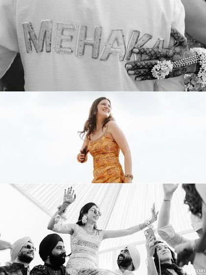A black and white collage capturing the energy of the Mehendi party, from the bride being lifted up by her friends to candid dancing moments.