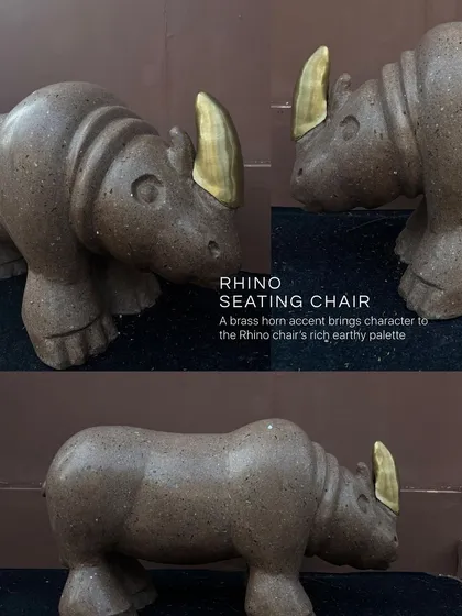 The Rooh Rhino Seating Chair, inspired by the quiet strength and enduring presence of the rhino. It’s not just a chair; it’s a sculpture with a rich, earthy palette and a brass horn accent that brings character and invites you to experience art in its most functional form.