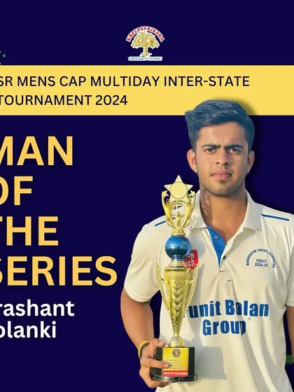 Celebrating Prashant Solanki being named Man of the Series for his outstanding bowling performance, taking 15 wickets in 5 innings for the Maharashtra Cricket Association.