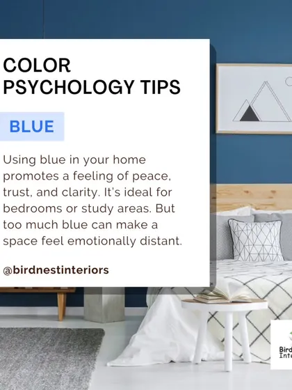 Color Psychology Tip: Blue promotes a feeling of peace, trust, and clarity, making it ideal for bedrooms or study areas. However, we advise using it in balance to avoid a cold feeling.