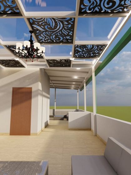 A view from within the 3D designed terrace space. This perspective helps visualize the feeling of the space, showing how the glass pergola and open sides create a connection with the outdoors.