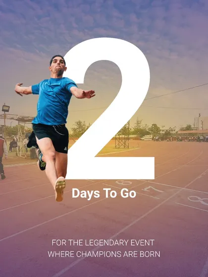 Just 2 days to go! This countdown post shows an athlete crossing the finish line, perfectly capturing the spirit of an event where champions are born.