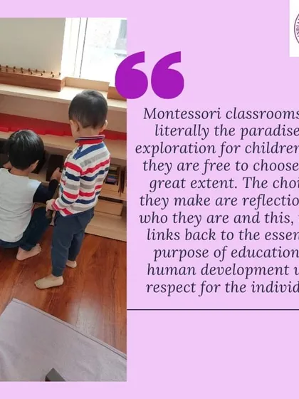Two children choose their work from the shelf. The Montessori classroom is a "paradise of exploration," where materials are arranged beautifully and accessibly. This freedom of choice is essential for developing independence and self-discipline.