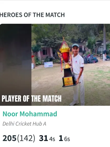 The 'Player of the Match' card for Noor Mohammad after his match-winning double century of 205 runs.