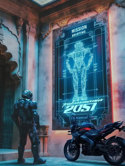 A Pulsar rider receiving a 'Mission Briefing' from a holographic blueprint. This image uses storytelling to create a compelling narrative for a commercial campaign.