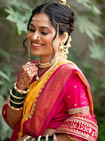 The joy of a Maharashtrian bride is infectious. This look is all about soft glam, a glowing base, and a happy smile, proving that you can honor tradition while feeling completely like yourself on your big day.