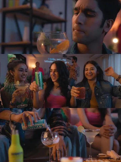 A collage of moments from the Jimmy's Cocktails shoot. The styling includes a mix of casual denim, bright tops, and party wear to create a dynamic and relatable party scene.