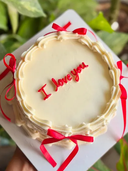 A simple and elegant way to say "I love you." This cake features classic piping and red ribbons, making it a timeless romantic gesture.