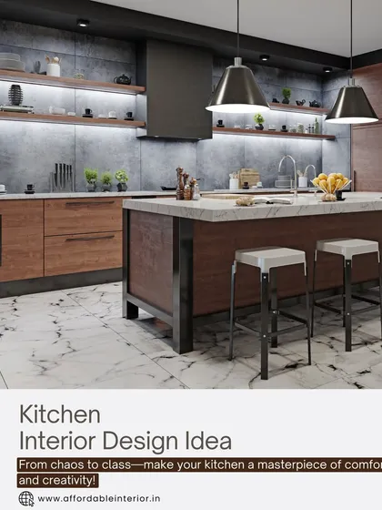 A kitchen design that combines dark wood, a marble-topped island, and industrial-style bar stools, creating a sophisticated space for cooking and socializing.