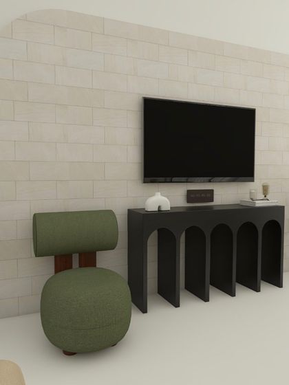 A 3D render of the TV wall, which features a brick texture, an arched frame, and a sleek black console table.