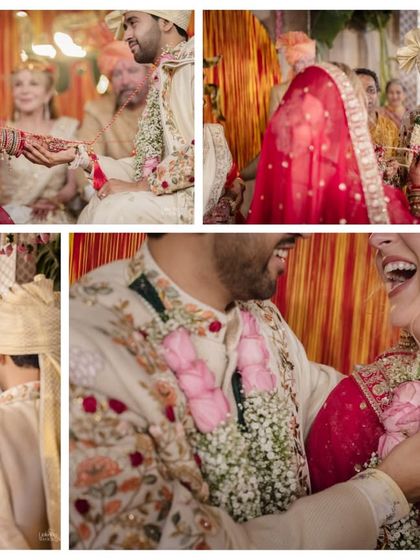 A collage of beautiful moments from a cross-cultural wedding ceremony, from exchanging garlands to sharing laughs. It shows the blend of traditions and pure happiness.