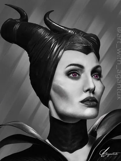 The final portrait of Angelina Jolie as Maleficent. This was a 35-hour piece where I focused on the dramatic lighting and the unique textures of her horns and leather headpiece.