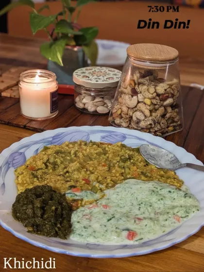 My dinner at 7:30 PM is usually a comforting and grounding meal like this khichdi platter. Served with a green chutney and a simple raita, it's a complete meal that's easy to digest and perfect for winding down.