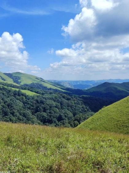 A stunning landscape view of the green valleys and hills of Bandaje, part of the Chikmagalur trekking circuit.