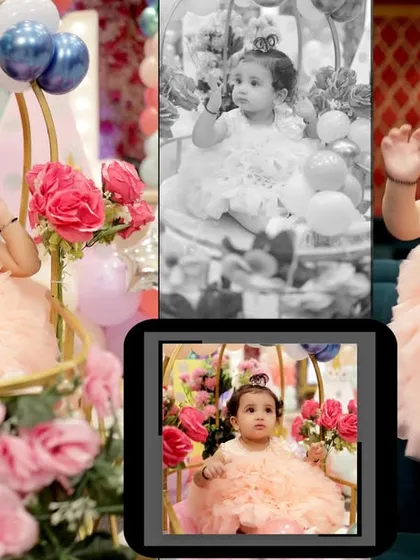 A photo collage from a first birthday shoot, showing the little girl in her beautiful floral chair and offering a black and white portrait option.