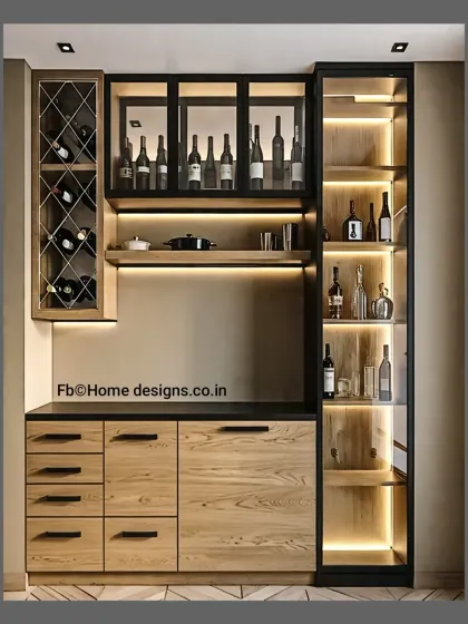 For those who love to entertain, we design custom home bar and crockery units. This setup features integrated wine racks, glass-front cabinets with accent lighting, and ample concealed storage, adding a touch of sophistication to your home.