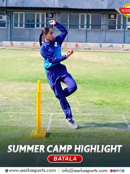 A young female bowler in mid-action during our summer camp. She shows great form and potential.