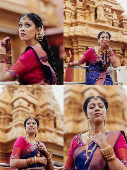 A collage of a bride's expressive portraits against a temple backdrop.