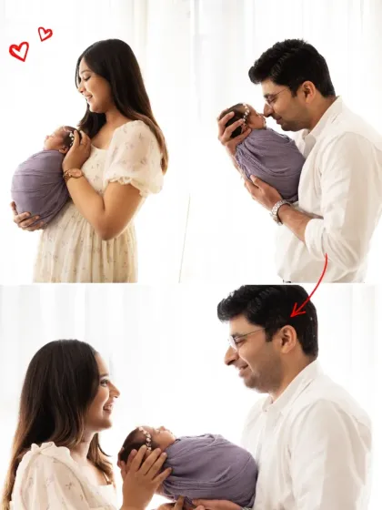 More moments from a newborn family session, capturing the parents' adoration for their new baby. The simple white outfits create a timeless and pure look.