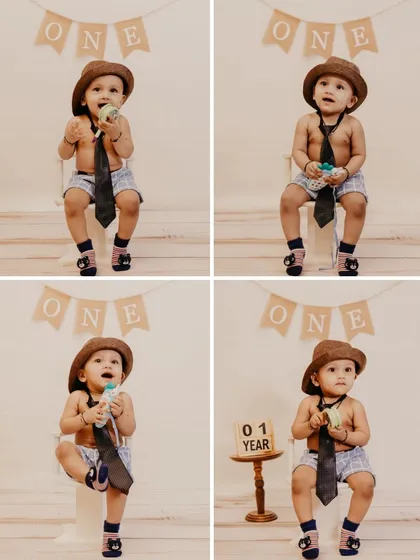 A fun studio session for a first birthday, with the little boy dressed in a hat and tie, posing for a series of adorable shots.