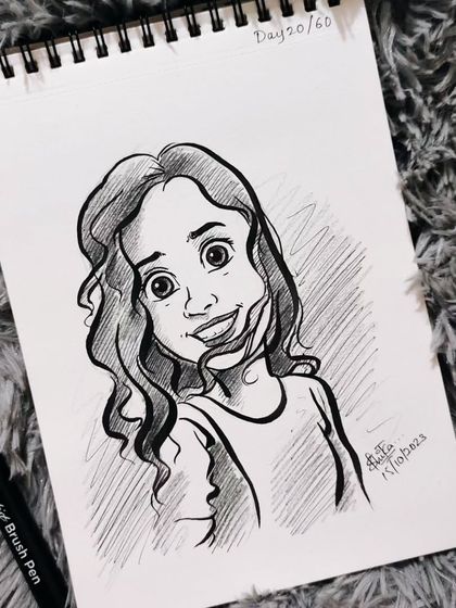 This caricature captures a bright, bubbly personality. The wide eyes and happy smile are infectious.