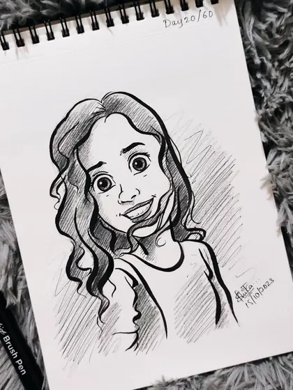 This caricature captures a bright, bubbly personality. The wide eyes and happy smile are infectious.