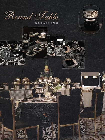 A detailed look at the round table setup. The collage breaks down the layers: textured panther-themed tablecloths, animal print accents on votives and frames, and elegant white floral centerpieces that provide a soft contrast to the bold patterns.