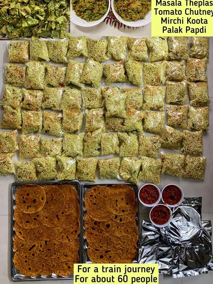 Getting a large group ready for a train journey is easy with my food packs. This order for 60 people included Masala Theplas, Palak Papdi, and homemade chutneys to keep everyone well fed and happy on their trip.