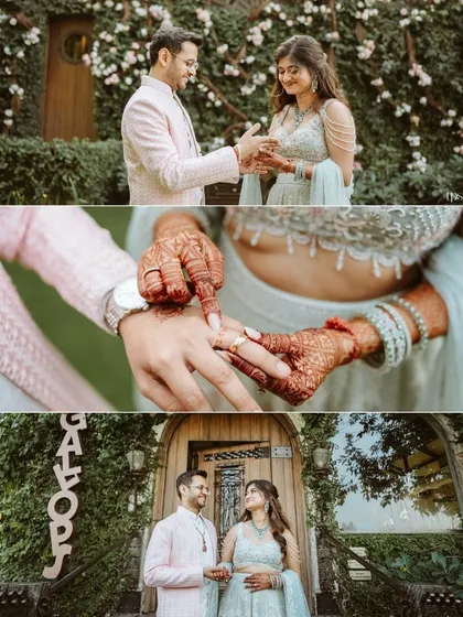 The story of the ring exchange between Avi and Devika. This collage focuses on the details, from the overall moment to the close-up of their hands, marking their official engagement.