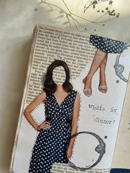 A close-up of a collage art journal page. I used a magazine cutout, old book text, and coffee stains to create this moody piece.